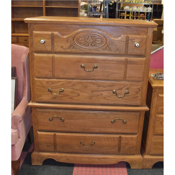 SOLID OAK CARVED HIGHBOY DRESSER H-52.5" W-20"