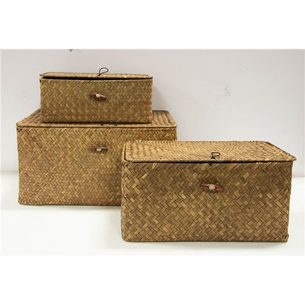 NEW SET OF 3 HAND WOVEN RATTAN BASKETS WITH LATCH