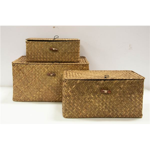 NEW SET OF 3 HAND WOVEN RATTAN BASKETS WITH LATCH