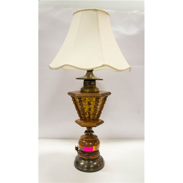 VINTAGE WOOD AND AMBER GLASS LAMP