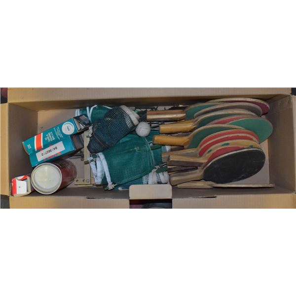 BOX OF PING PONG EQUIPMENT