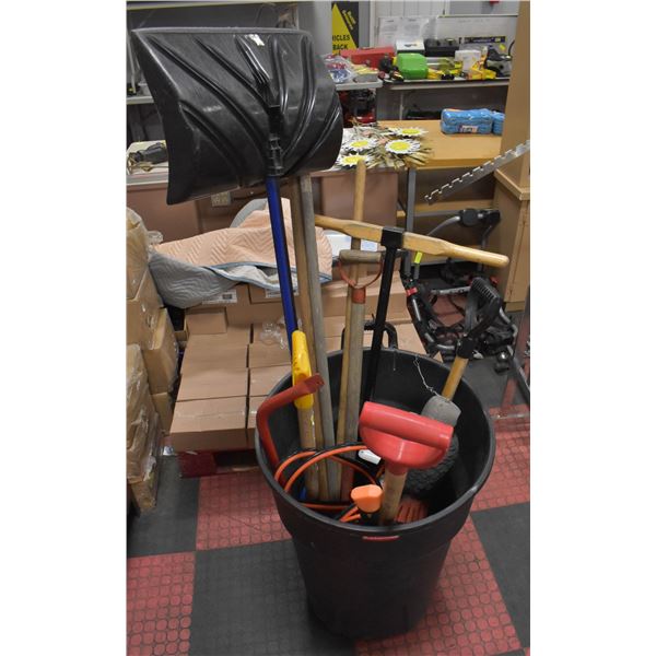 CAN FULL OF GARDEN TOOLS - AXE - BOOSTER CABLES