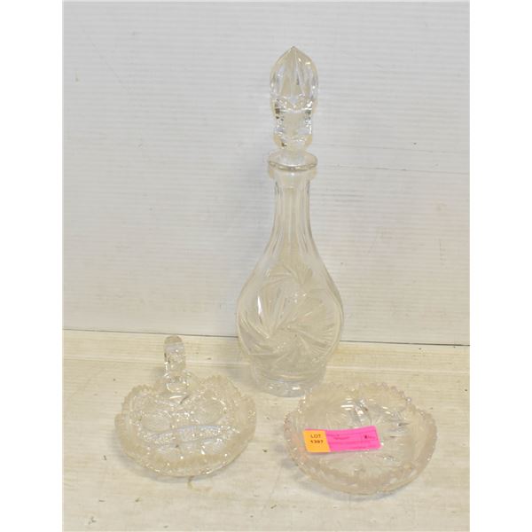 PAIR OF CRYSTAL DISHES WITH DECANTER