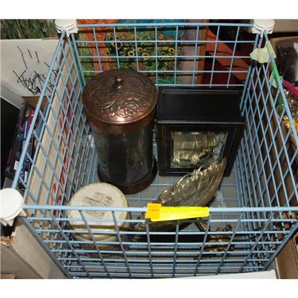 BASKET OF VINTAGE CANISTERS STAND