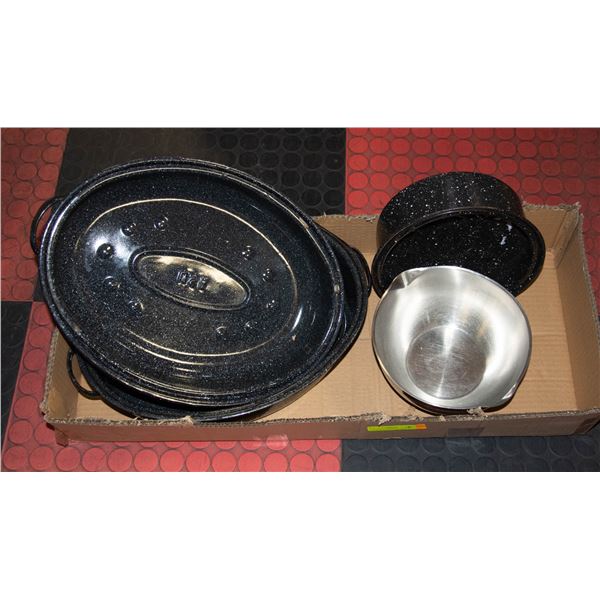 3 ROASTING PANS + STAINLESS STEEL MIXING BOWL