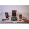 Image 1 : (4) Tins, Vintage Razor, (3)Bottle Openers, +Bag of Pins