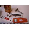Image 6 : (4) Tins, Vintage Razor, (3)Bottle Openers, +Bag of Pins