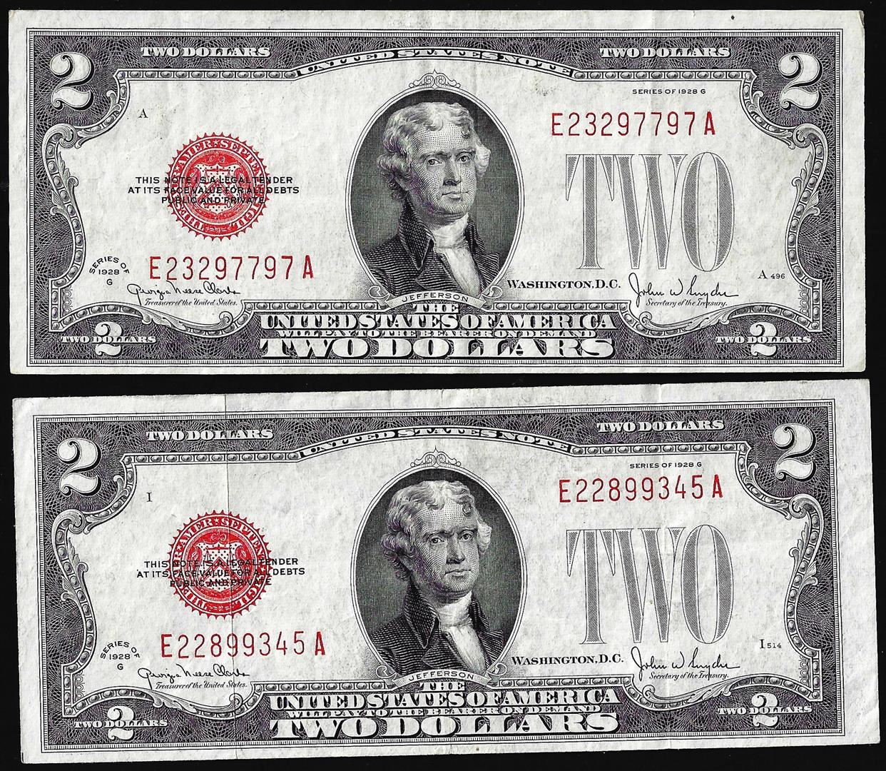 Lot of (2) 1928G $2 Legal Tender Notes