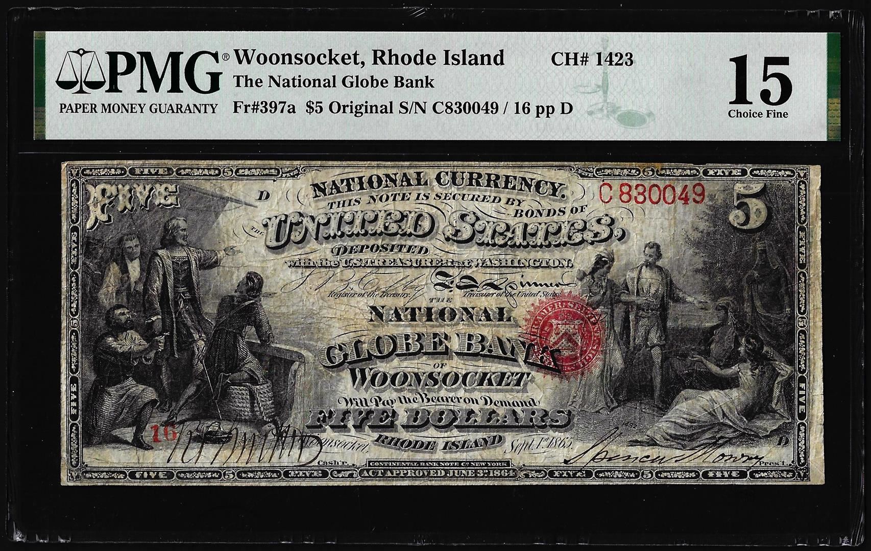Original Series 5 Bank of Woonsocket, RI CH 1423 National Note PMG Choice Fine 15