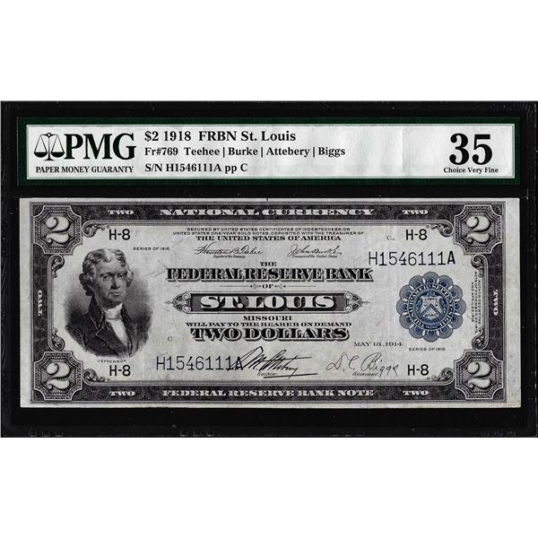 1918 $2 Battleship Federal Reserve Bank Note St. Louis Fr.769 PMG Choice Very Fine 35