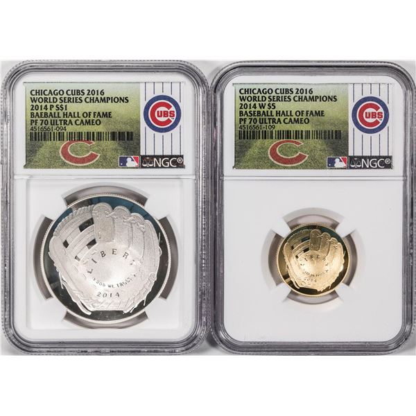 Set of 2014 Baseball HOF WS Cubs and $1 Silver & $5 Gold Coins NGC PF70 Ultra Cameo