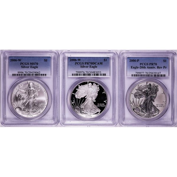 20th Anniversary 2006 $1 American Silver Eagle (3) Coin Set PCGS PR70/Rev PR70/MS70