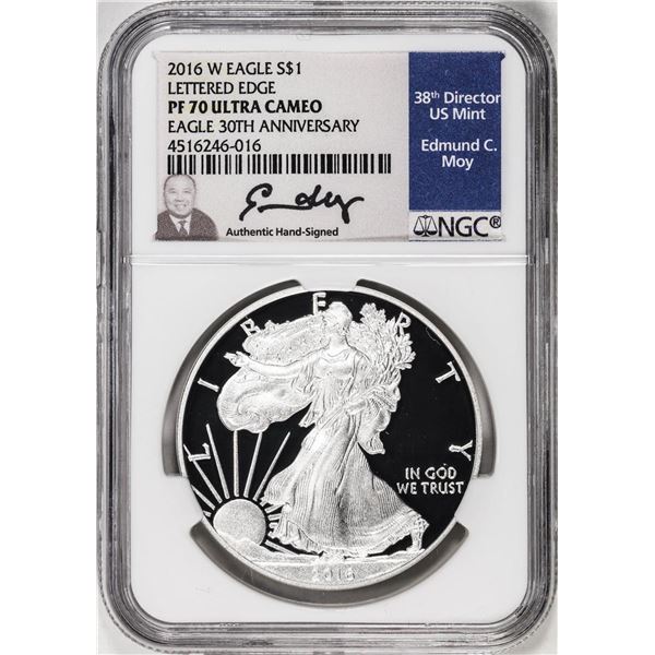 2016-W Lettered Edge $1 Proof American Silver Eagle Coin NGC PF70 Ultra Cameo Moy Signed