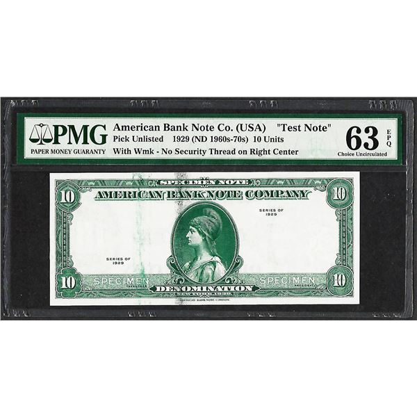 1929 10 Unit American Bank Note Co. "Test Note" PMG Choice Uncirculated 63EPQ