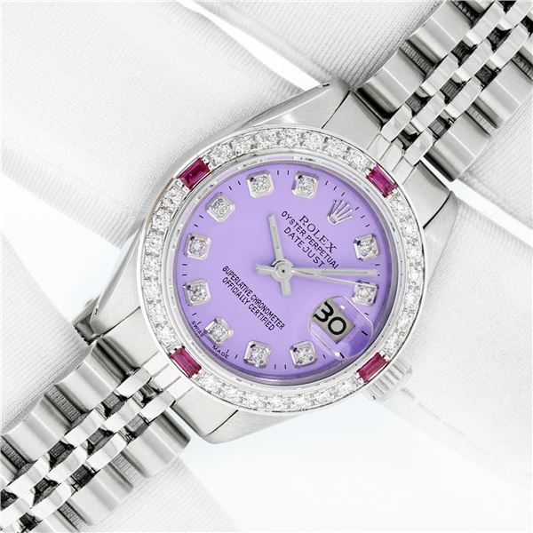 Rolex Ladies Stainless Steel Diamond and Ruby Datejust Wristwatch
