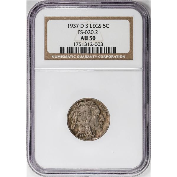 1937-D 3 Legged Buffalo Nickel Coin NGC AU50 FS-020.2