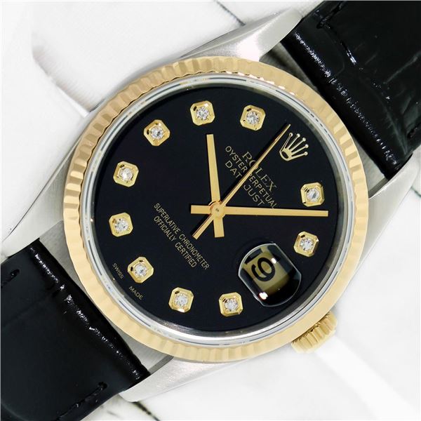 Rolex Men's Two Tone Black Diamond Datejust Wristwatch with Leather Band