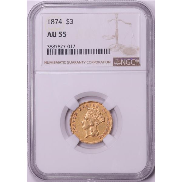 1874 $3 Indian Princess Head Gold Coin NGC AU55