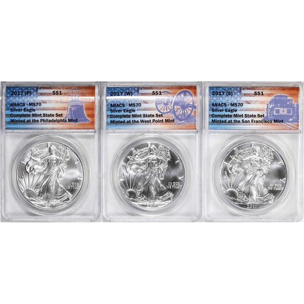 Set of 2017-W/S/P $1 American Silver Eagle (3) Coin Set ANACS MS70