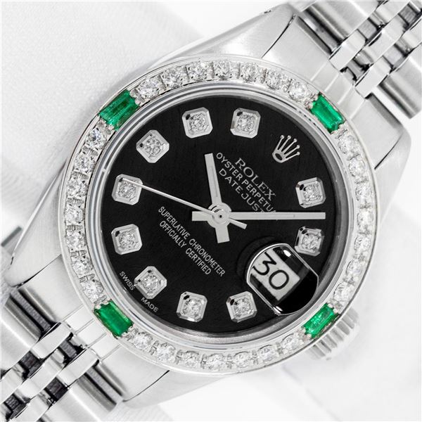 Rolex Ladies Stainless Steel Diamond and Emerald Datejust Wristwatch