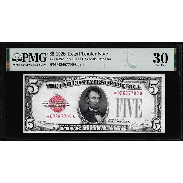 1928 $5 Legal Tender STAR Note Fr.1525* PMG Very Fine 30