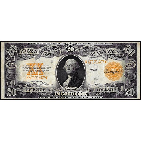 1922 $20 Gold Certificate Note