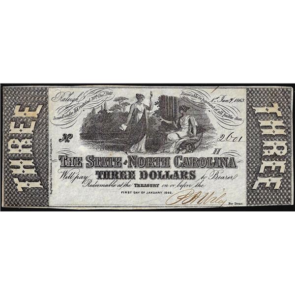 1863 $3 State of North Carolina Raleigh Obsolete Note
