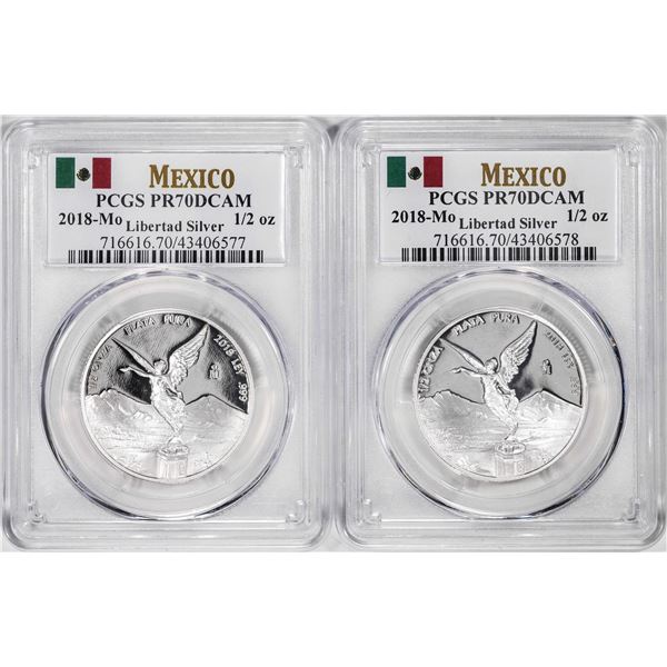 Lot of (2) 2018-Mo Mexico Proof 1/2 oz Silver Libertad Coins PCGS PR70DCAM