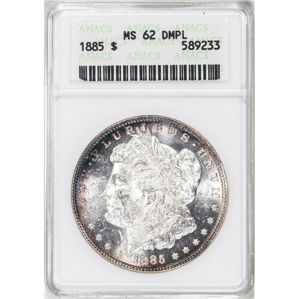 1885 $1 Morgan Silver Dollar Coin ANACS MS62 DMPL Old Soap Box Holder