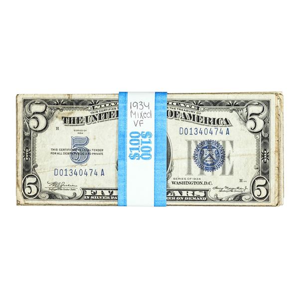 Lot of (20) Mixed Series 1934 $5 Silver Certificate Notes - Very Fine