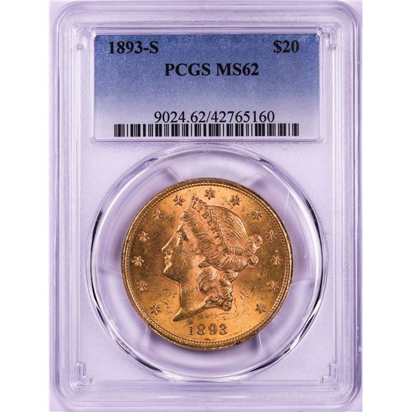 1893-S $20 Liberty Head Double Eagle Gold Coin PCGS MS62