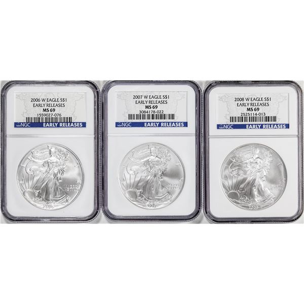 Lot of 2006-2008-W $1 Burnished American Silver Eagle Coins NGC MS69 Early Releases