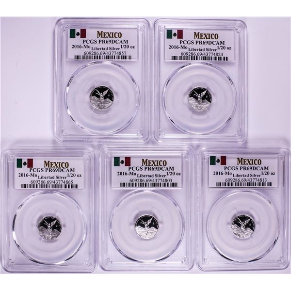 Lot of (5) 2016-Mo Mexico Proof 1/20 oz Silver Libertad Coin PCGS PR69DCAM