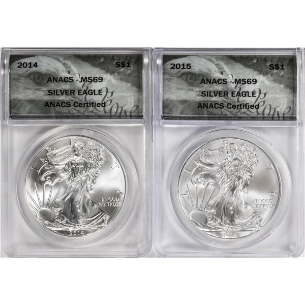 Lot of 2014-2015 $1 American Silver Eagle Coins ANACS MS69