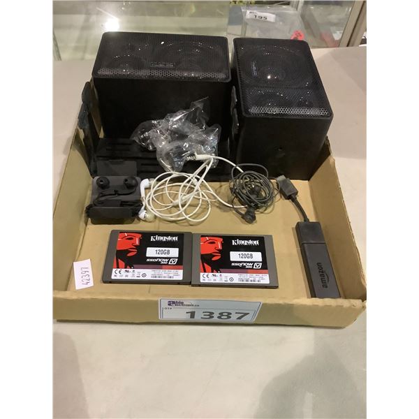 2X SSD DRIVES, 120GB, 2 WELCO SPEAKERS WITH MOUNTS, AKG, SAMSUNG IN-EAR HEADPHONES, AND MORE