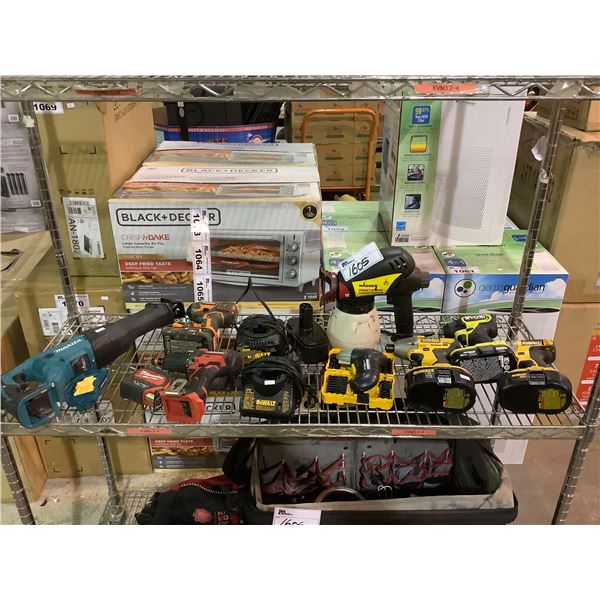 ASSORTED DEWALT, RYOBI, MAKITA, & MILWAUKEE TOOLS: DRILLS, SAWZALL, BATTERIES, TAPE MEASURE, &