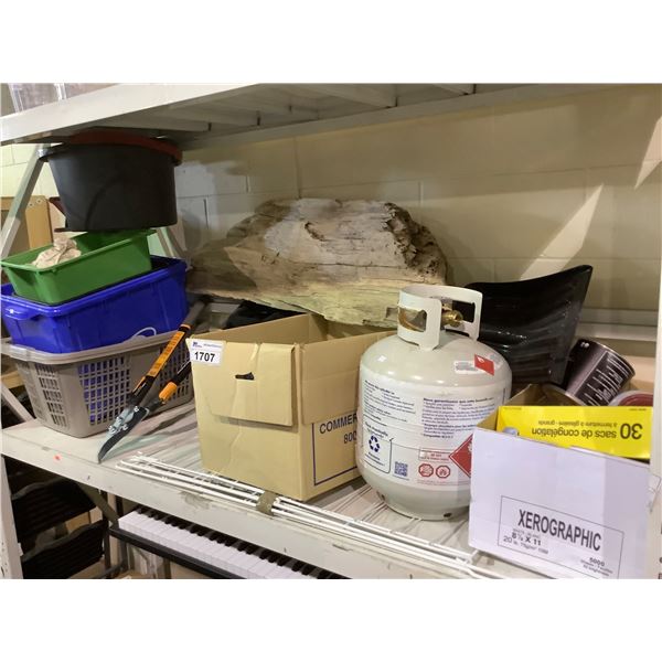 PROPANE CYLINDER, SKI BOOTS, SHOVEL, FISKARS CLIPPERS, BINS, DRYING RACK & MORE