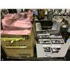 Image 2 : SHELF LOT OF PAPER TABLE COVERS, IKEA CURTAIN ROD HOLDERS, NEW PLAYING CARDS, BEAKERS, AND MORE