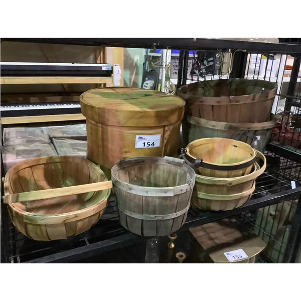 SHELF LOT OF ASSORTED SIZE WOODEN FRUIT BASKETS