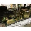 Image 1 : SHELF LOT OF ASSORTED BRASS, CANDLE STICKS, FIREPLACE BOX, AND MORE