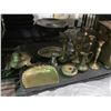 Image 2 : SHELF LOT OF ASSORTED BRASS, CANDLE STICKS, FIREPLACE BOX, AND MORE