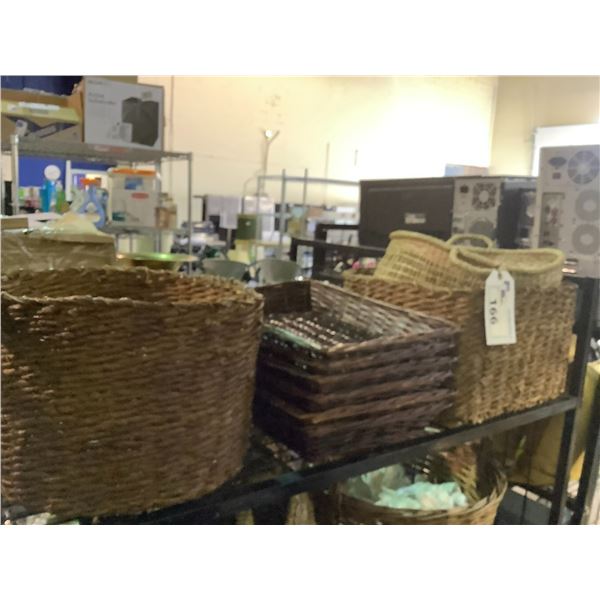 SHELF LOT OF WICKER BASKETS