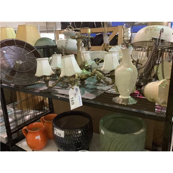 SHELF LOT OF CEILING LIGHT FIXTURES, LAMPS, AND MORE