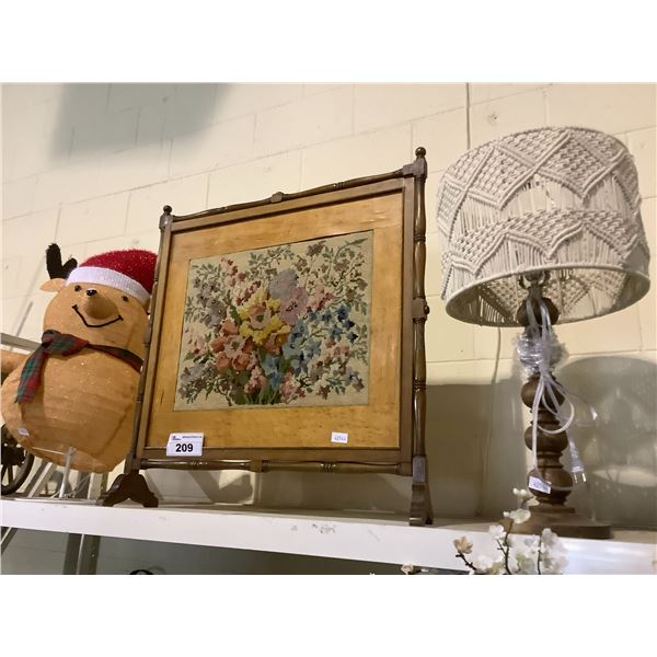 PETTIPOINT ART PIECE, LAMP, AND CHRISTMAS BEAR