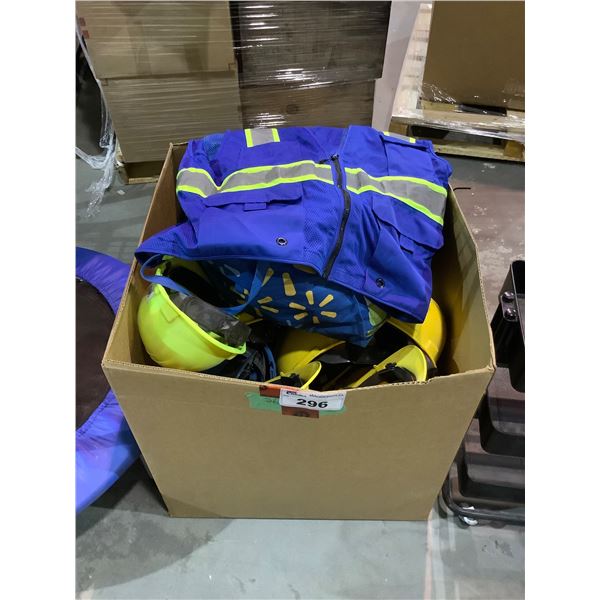 BOX OF HARD HATS, AND HI VIS SAFETY VESTS