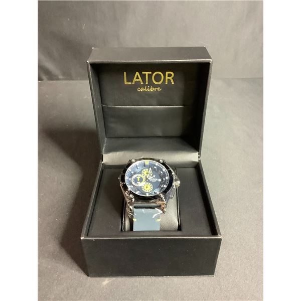 NEW MEN'S LATOR CALIBRE L9180 CHRONOGRAPH WATCH, 42 MM CASE, BLUE DIAL WITH YELLOW