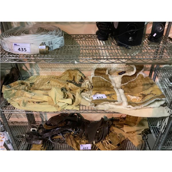 SHELF LOT OF WESTERN SHIRTS, AND LINED LEATHER VEST, AND OTHER WESTERN CLOTHES