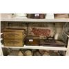 Image 1 : SHELF LOT OF METAL BUTCHER SIGNS, SAUSAGE CASING WOODEN CRATES, AND VINTAGE ROWE SEWING MACHINE