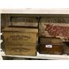 Image 2 : SHELF LOT OF METAL BUTCHER SIGNS, SAUSAGE CASING WOODEN CRATES, AND VINTAGE ROWE SEWING MACHINE