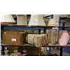 Image 1 : SHELF OF ASSORTED COPPER BIN, BURLAP SACK, TIN, AND MORE